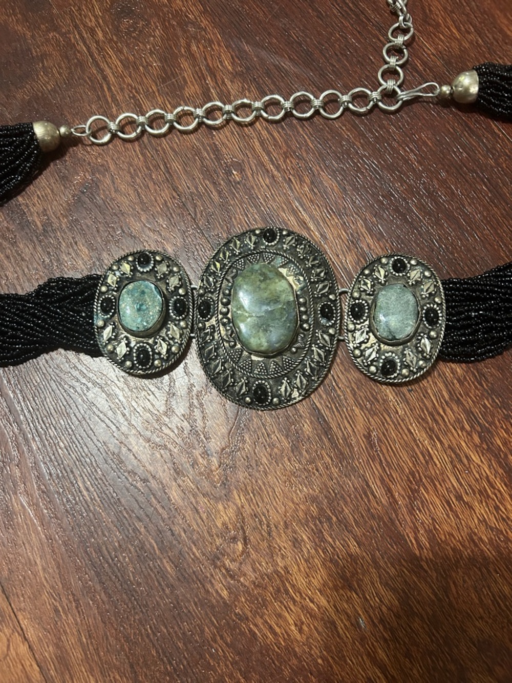 Black Beaded belt with Green natural Stones Accents